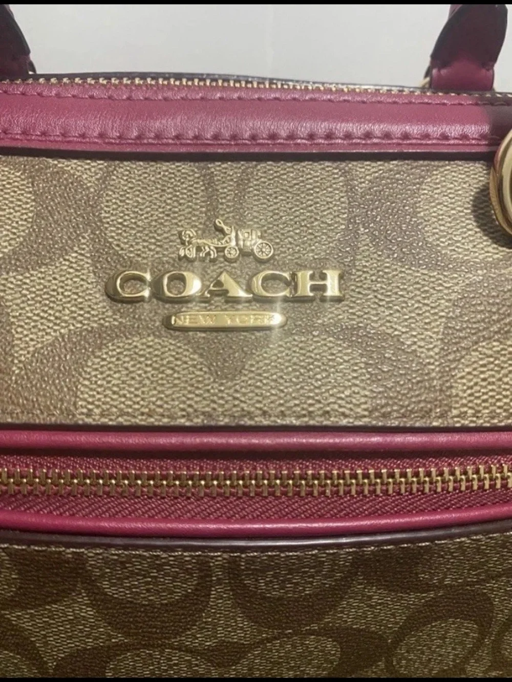 Coach Khaki & Dark Fuchsia Pink Rowan Signature Canvas Satchel Crossbody Handbag